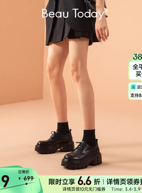 BeauToday厚底小皮鞋女英伦风乐福鞋春季真皮黑色单鞋增高鞋女