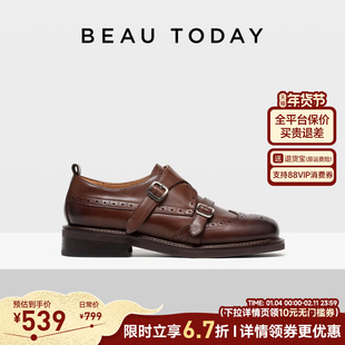 BeauToday圆头真皮小皮鞋女新款春季英伦风牛津厚底布洛克鞋女鞋