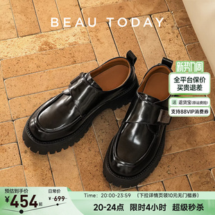 女春季 增高鞋 新款 黑色单鞋 真皮英伦风小皮鞋 BeauToday厚底乐福鞋