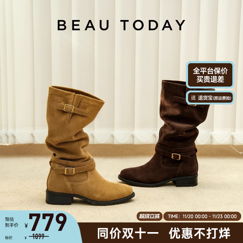 BeauToday复古骑士靴女2025新款