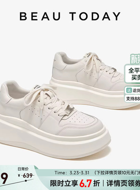 BeauToday厚底小白鞋女内增高单鞋春季休闲鞋白色板鞋女款老爹鞋