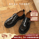 增高鞋 BeauToday厚底乐福鞋 真皮英伦风小皮鞋 黑色单鞋 女春季 新款