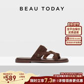 BeauToday平底罗马凉鞋 外穿真皮交叉绑带海边拖鞋 女2026春季 新款