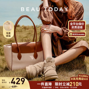 BeauToday雪地靴女冬款 外穿厚底毛毛靴子复古短靴女 加绒加厚棉鞋