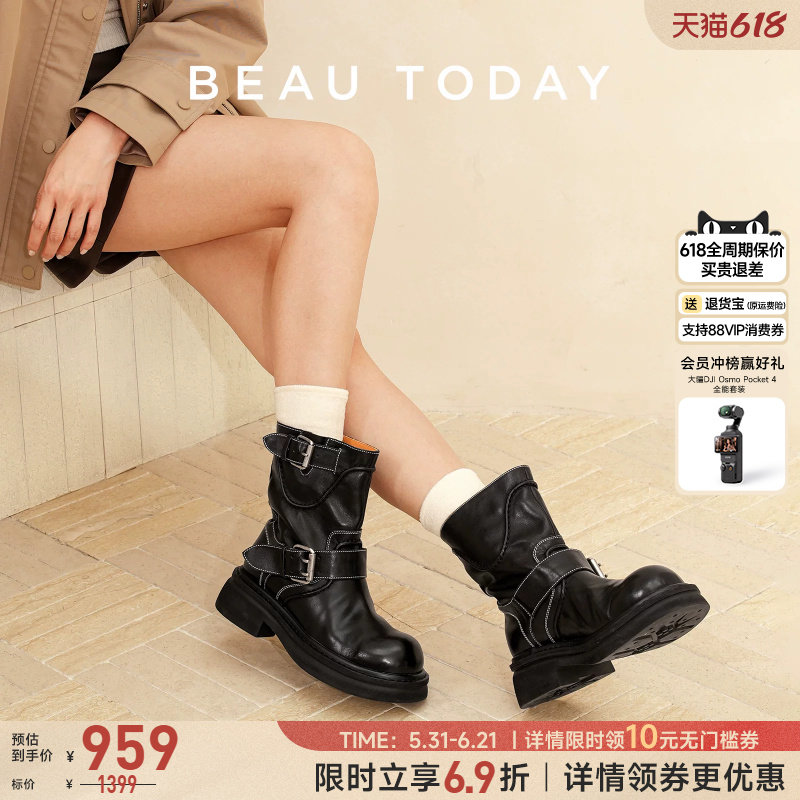 BeauToday厚底短靴女夏季真皮骑士靴女黑色英伦风机车靴子时装靴