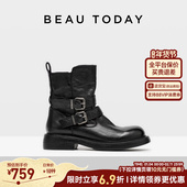BeauToday厚底粗跟骑士靴女2026春季 英伦风马丁靴真皮黑色短靴子