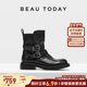 BeauToday厚底粗跟骑士靴女2026春季 英伦风马丁靴真皮黑色短靴子