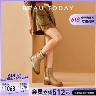 烟筒靴真皮 BeauToday西部靴女增高高跟皮靴女夏款 短靴女2024新款