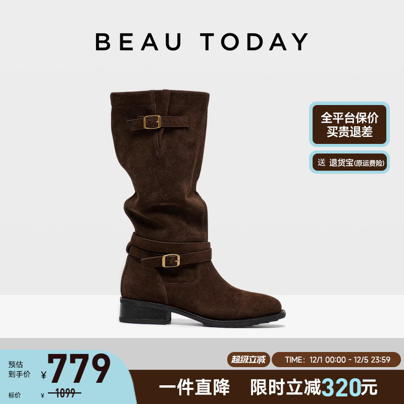 BeauToday复古骑士靴女2025新款