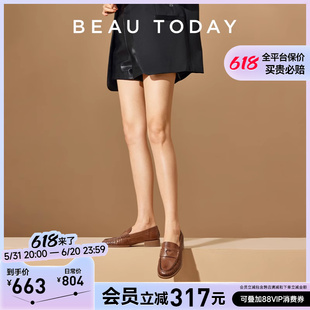 擦色皮英伦风小皮鞋 BeauToday厚底乐福鞋 女2024新款 真皮浅口单鞋