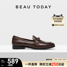 BeauToday花园舞会黑色乐福鞋女新款英伦风小皮鞋女平底浅口单鞋