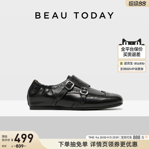 BeauToday羊皮乐福鞋布洛克女鞋