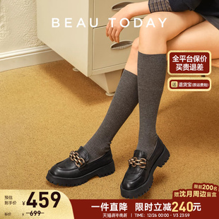 复古女鞋 黑金链条单鞋 女英伦风小皮鞋 BeauToday真皮厚底乐福鞋