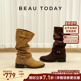 BeauToday靴子棕色长筒靴女2026春季咖色不过膝骑士靴真皮堆堆靴
