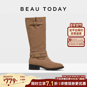 BeauToday美拉德真皮骑士靴女皮带扣高筒骑士靴棕色长筒靴堆堆靴
