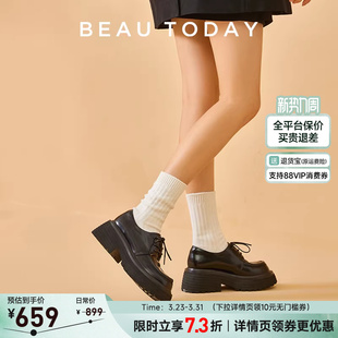 BT系带英伦风小皮鞋 黑色真皮增高单鞋 女新款 BeauToday厚底乐福鞋