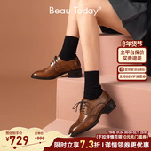 女春季 复古牛津鞋 真皮布洛克女鞋 BeauToday英伦风小皮鞋 厚底单鞋