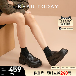 黑色增高女鞋 BeauToday厚底乐福鞋 复古单鞋 女BT英伦风小皮鞋 法式
