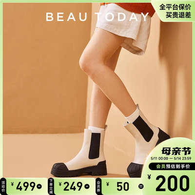 BeauToday骑士靴女真皮粗跟女靴