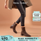BeauToday瘦瘦靴短靴中跟方头新款 切尔西女靴子真皮裸靴羊皮