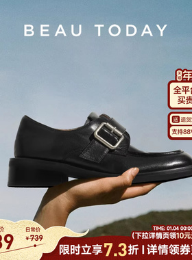 BeauToday英伦小皮鞋女2026新款春季BT黑色乐福鞋真皮方头孟克鞋