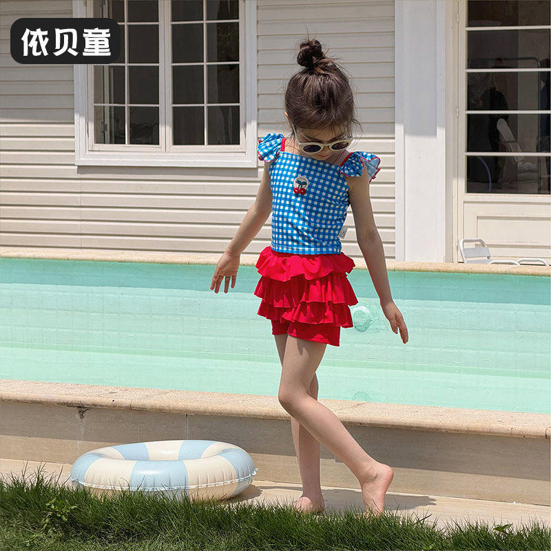 2026新款女童泳衣格子可爱多巴胺速干分体平角泳裤海边儿童游泳装