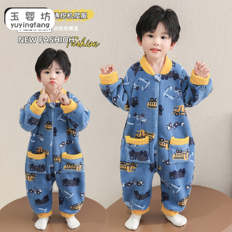儿童连体睡衣秋冬季法兰绒卡通挖机男童加厚珊瑚绒男宝宝爬服睡袋