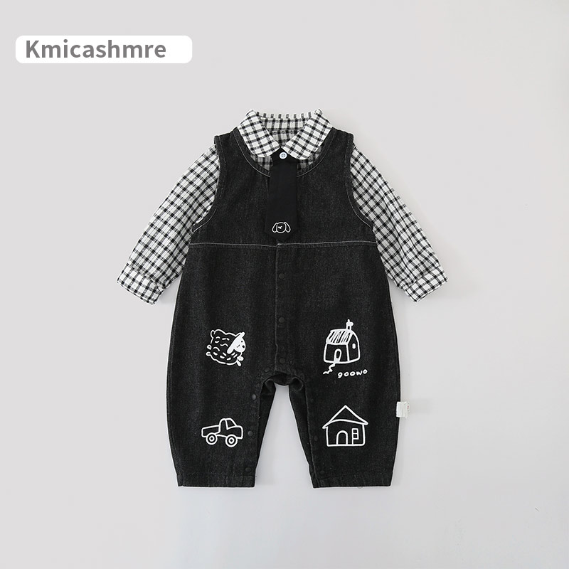 春秋款婴幼儿衣服超萌背带裤连体衣男童可爱牛仔背心衬衫两件套装