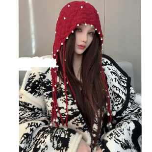 秋冬季新款网红手工编织珍珠流苏针织帽女韩系时尚百搭气质毛线帽