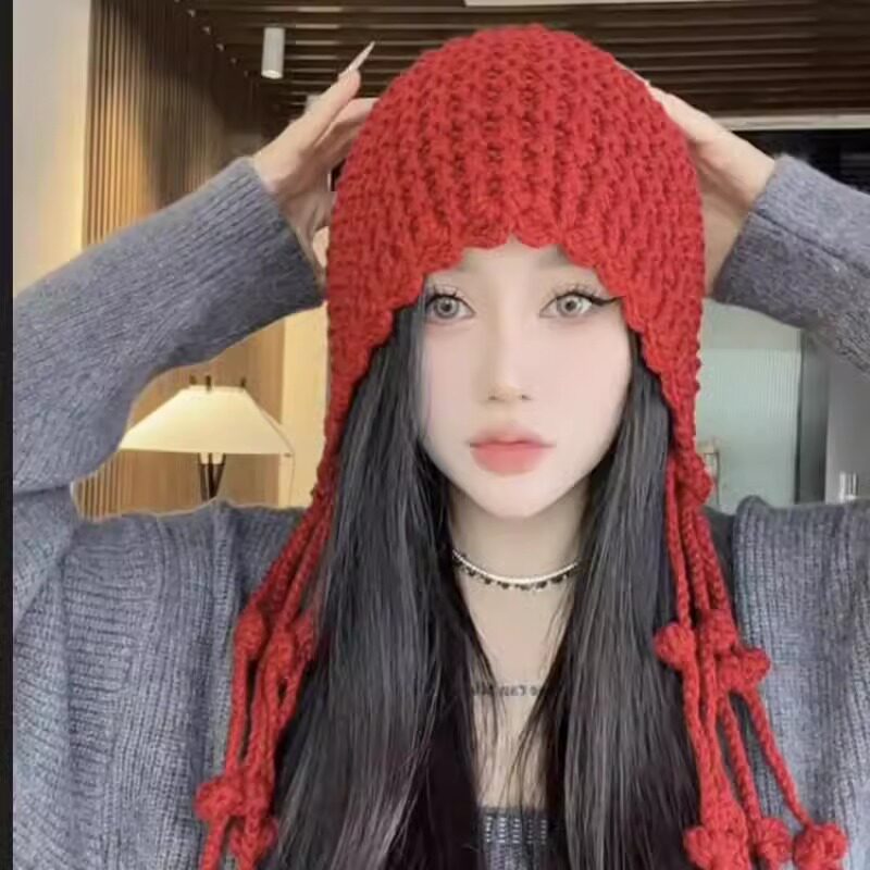 手工勾线球球毛线帽子女秋冬季保暖日系大头围显脸小流苏针织帽潮