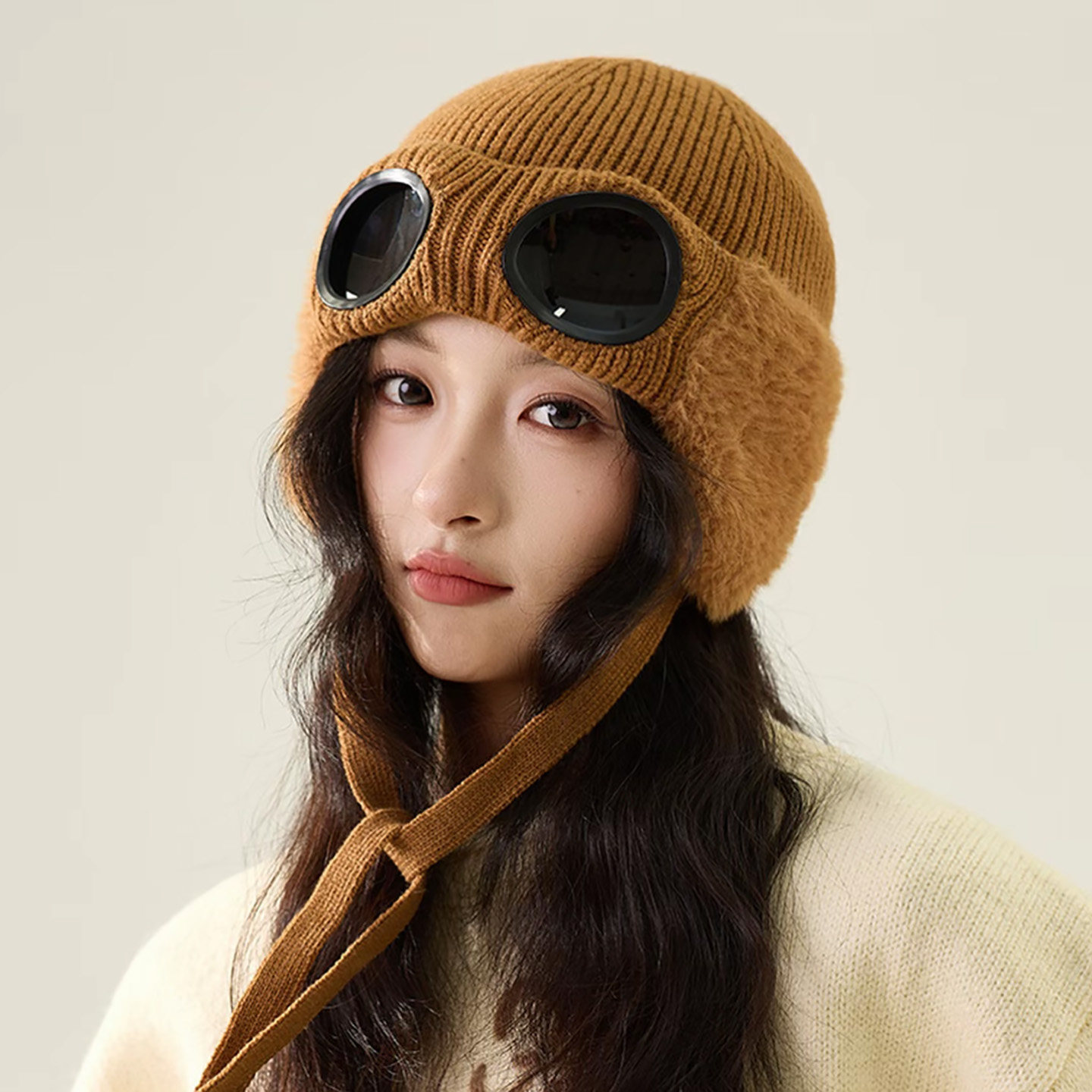 韩版时尚护目眼镜飞行帽子女冬季2025新款加绒护耳防风保暖针织帽,服饰配件/皮带/帽子/围巾,帽子,淘宝优惠券,粉丝福利购,淘宝优惠卷