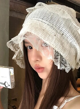韩系蕾丝镂空包头帽女春夏季百搭白色透气薄款大头围套头堆堆帽子