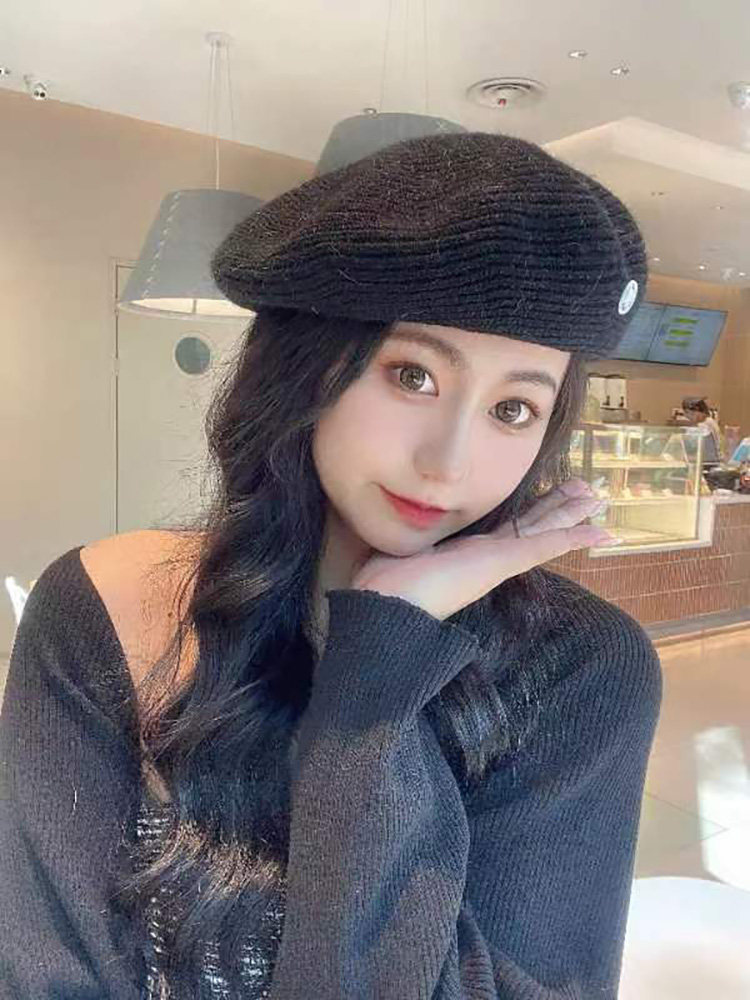 秋冬日系贝雷帽子女韩版简约纯色毛线帽蓓蕾帽新款英伦画家帽冬季