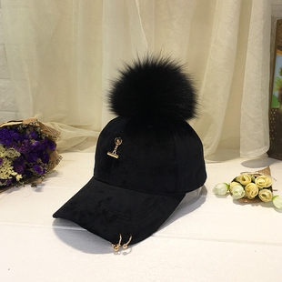 新款保暖丝绒铁环棒球帽真格狐狸毛球帽子韩国女秋冬鸭舌帽男士帽