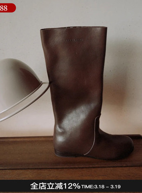 新品 Afflatus3 26新款植鞣烧焦蜡牛皮长靴棕色圆头内增高靴子女