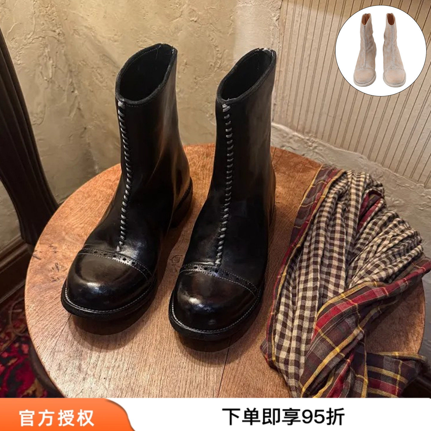 Afflatus3 26新款巴洛克雕花短靴手工圆头马皮靴子女车缝线裸靴