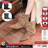 25新款 董洁同款 unfolio 游牧风短靴系带内增高尖头堆堆靴子女