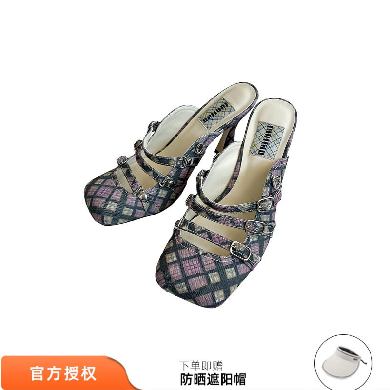法式小众紫色格纹方头鞋