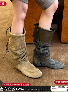 Orinous 25秋冬新款复古钉珠堆堆靴方头长筒靴百搭靴子女M星店