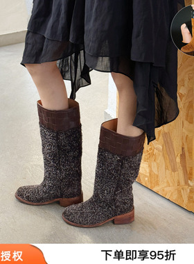 金靖同款Afflatus3 26新款牛反绒靴子手工编织圆头中筒靴短靴鞋子