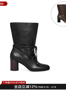 unfolio 26新款束带粗跟短靴复古系带靴子女M星店