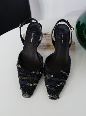 现货AFFLATUS3 2025新款手工钉珠kirakira尖头高跟后空凉拖鞋百搭