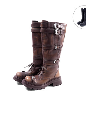 EMPTY BEHAVIOR25秋冬新款五层绷带长靴皮带扣粗跟圆头高筒时装靴