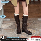 cotemp26新款 做旧坦克靴褶皱中筒靴绑带骑士靴金属搭扣靴子女