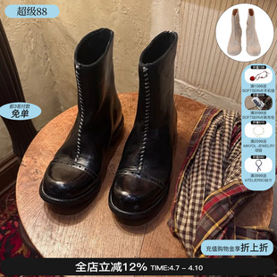 Afflatus3 巴洛克雕花短靴手工圆头马皮靴子女车缝线裸靴 26新款