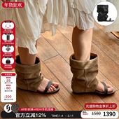 游牧风一字带露趾凉鞋 unfolio 26春夏新款 内增高堆堆凉靴女中筒靴