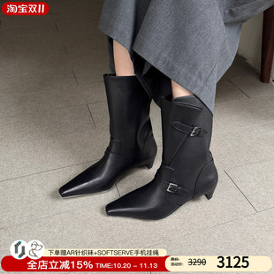 cotemp 26秋冬新款褶皮带马靴尖头低跟短靴细跟时装靴百搭靴子女