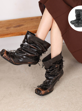 UBORYA 2026新款褶皱方头擦色芭蕾靴蝴蝶结短靴小猫跟靴子女