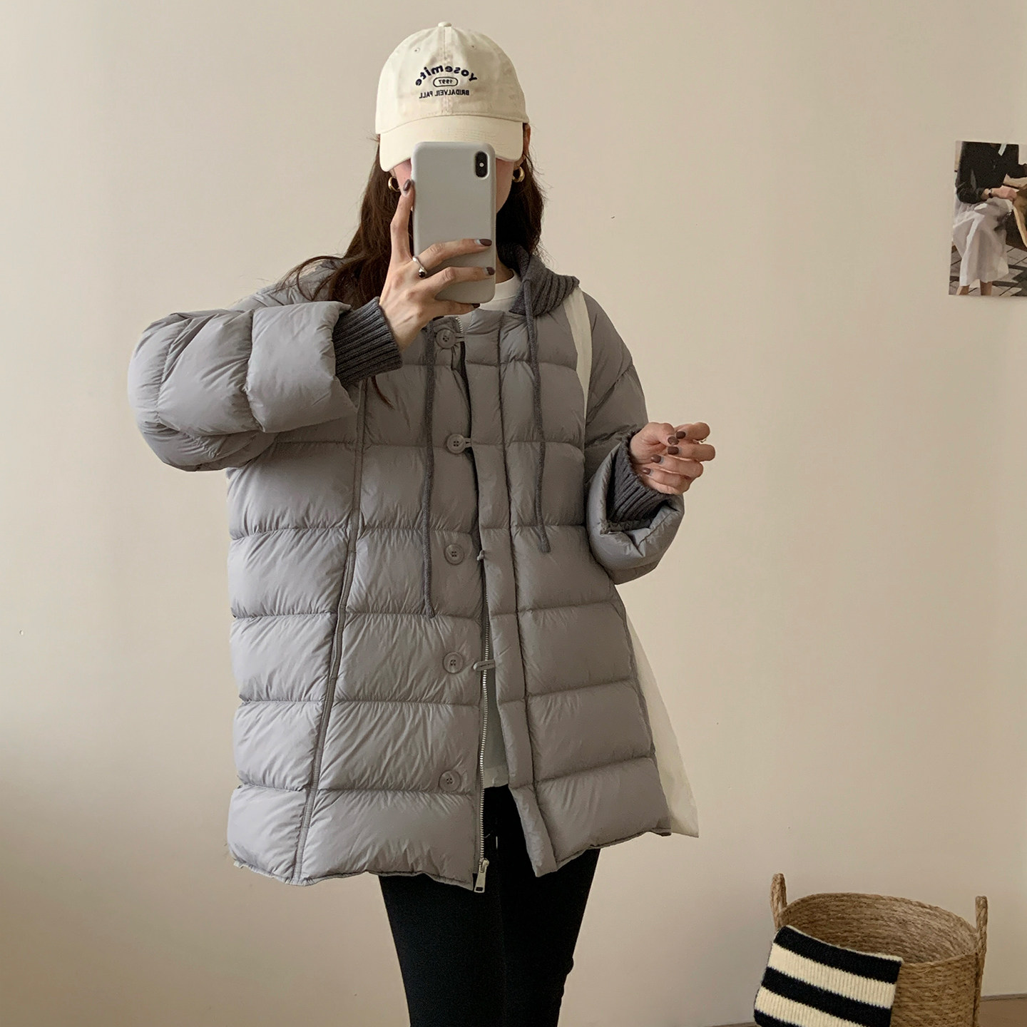 可拆卸针织帽圆领韩版羽绒服女