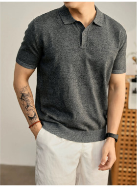 NO LOGO复古老钱风翻领针织短袖男款夏季薄款轻熟慵懒风POLO衫T恤